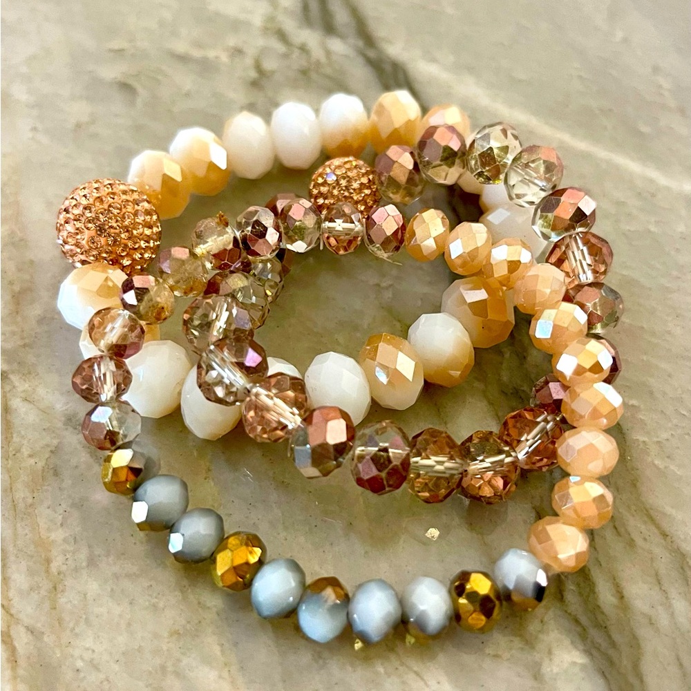 Quarts and Glass Stretch Bead Bracelet Set - Rose-gold Tones - NWT - Never Worn